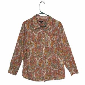 Talbots long sleeve button up Colorful paisley Blouse pockets roll tab Size 18W